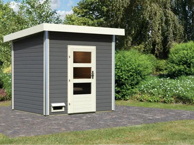 Produktbild von Karibu Saunahaus Norge - terragrau Gartensauna 3 Sitzbänke aus Holz in Grau, Sauna mit 38 mm Wandstärke Außensauna
