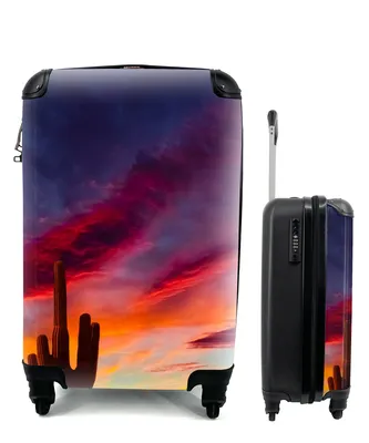 Produktbild von MuchoWow® Koffer Handgepäck Trolley Rollkoffer Kleine Reisekoffer mit 4 Rollen - Kaktus - Himmel - Sonnenuntergang - Lila - Rosa - Cabin Size < 55x40x23 cm & 55x40x20 cm - Fotokoffer - Kabinenkoffer - Boardgepäck - Reise-Box - Reisekoffer - Reisegepäck - Koffer mit Bild - Trolley für Kinder