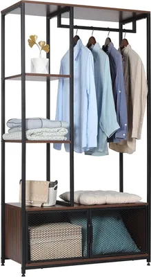 A wardrobe stand with shelves and hanging space, displaying clothes and storage items.