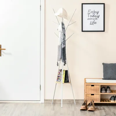 Image de Porte-vêtements avec étagère, 8 crochets, style scandinave, en fer et MDF, blanc | Résistant à l'eau | Structure tripode | 45 x 45 x 180 cm