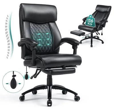 Produktbild von Ergonomischer Bürostuhl mit Fußstütze, Luftkissen-Lendenstütze, klappbare Armlehnen, 117° Wippfunktion, Leder Chefsessel höhenverstellbar, extra dick gepolstert, belastbar bis 136 kg
