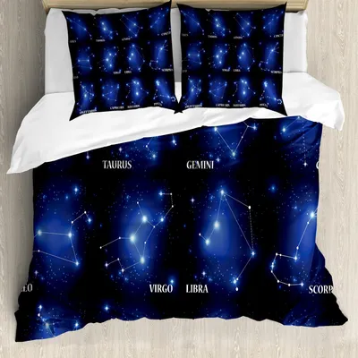 Produktbild von ABAKUHAUS Konstellation Bettbezug Set, Sternzeichen Set Symbole und Namen Gruppe von Sternen Cluster Esoterik, 200 x 200 cm + 80 x 80 cm, Dunkelblau Blau Weiß