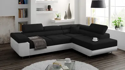 Produktbild von Ecksofa Miami mit Schlaffunktion und Bettkasten, Sofa L-Form, Couch L-Form Webstoff Schwarz + Weiß (Kunstleder), Ottomane rechts