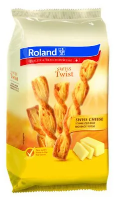 Zdjęcie produktu dla Roland Swiss Twist Szwajcarskie paluszki serowe z ciasta francuskiego 100g