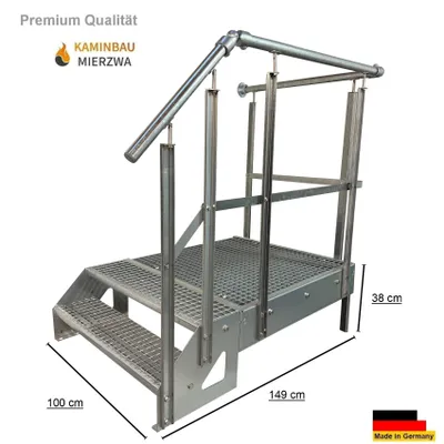 Obrázek produktu pro Schodiště s podestou Ocelové schodiště Samostatně stojící 2 schody  Výška 38 cm včetně podesty 100 x 100 cm s zábradlím Pozinkované / Orientace schodiště vlevo / Venkovní schodiště
