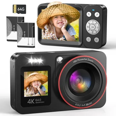 Produktbild von 4K 64MP Digitalkamera, Vlogging Kompaktkamera mit 2 Displays (18X Digitalzoom, 2 Akkus, 64GB Karte) Fotokamera für Kinder Teenager Schwarz