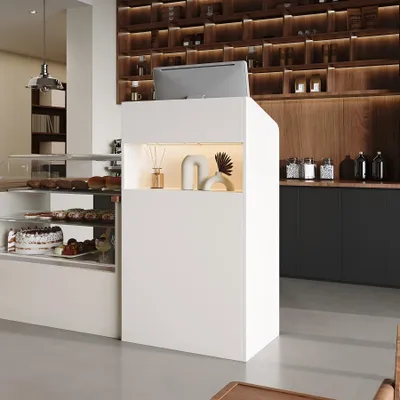 Produktbild von Kleiner Empfangstheke mit LED-Beleuchtung und Ausstellungsregal, Kassentisch mit 2 Ablagefächern, für Laden, Salon, Weiß, MDF, 59 x 105 x 39 cm