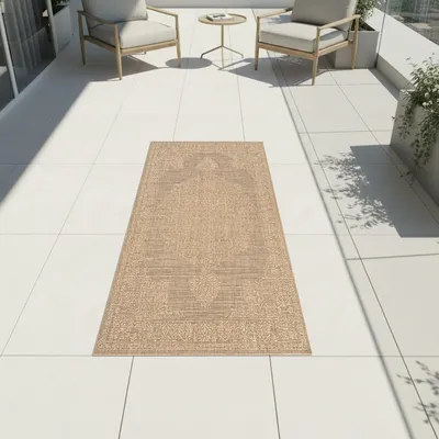 Imagen del producto de Alfombra beige con estampado vintage, apta para interiores y exteriores. Tamaño: 60 x 90 cm