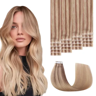 Obrázek produktu pro Pásky na prodlužování vlasů, přírodní vlasy Remy, 45 cm, světle hnědé/zlatě blond, 40 g