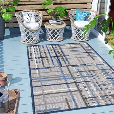 Produktbild von Carpeto Rugs Geometrisch In- & Outdoor Teppich Wetterfest für Balkon, Terasse - Balkon Teppich Wasserfest - Outdoorteppich Wetterfest - Aussenteppich Terrasse Groß - Grau Blau - 140 x 200 cm