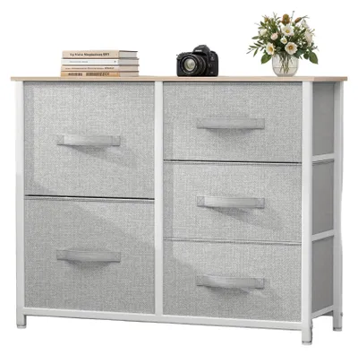Image de Meuble de rangement avec tiroirs - Bloc de rangement - Armoire de rangement - Commode - Armoire à vêtements - Gris clair - 5 tiroirs en tissu