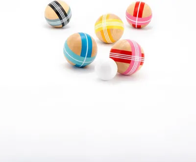 Produktbild von Boccia-Spiel aus Holz, farbenfroh gestreift, 8 Kugeln Ø 7,5 cm, Outdoor mit Beutel
