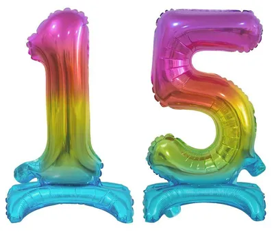 Produktbild von Stehender Folienballon Zahl 15 Regenbogen bunt 38 cm
