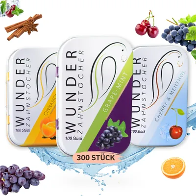 Produktbild von Wunder Zahnstocher mit Geschmack - 3er Pack Tasty - 3x 100 Stück - Metallbox - Zimt Orange Traube Minze Kirsche Menthol - frischer Atem - vegan