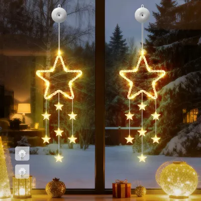 LED-Sterne Fensterbeleuchtung 2er-Set, warmweiß, batteriebetrieben, Timer