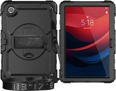 A black protective case for a tablet is shown from the front and back.