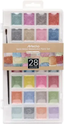 Produktbild von Artecho Aquarellfarben Wasserfarben Künstler Set, 28 Perlglanz-Metallic Farben mit Pinsel, schimmernde Wasserfarben für Anfänger & Künstler