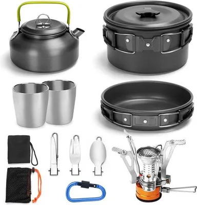 Produktbild von Serviesset für 1-2 Personen - kochset mit tragbarer Aluminium-Pfanne - Teekanne und Tassen - faltbares Campingbesteck - Outdoor-Picknick-Wandertochter - kompakt und leichtgewichtig