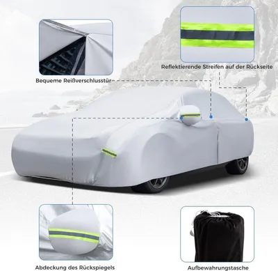 Produktbild von Wetterfeste Abdeckplane für Fahrzeuge Autoabdeckung mit Reißverschlusstür 431 x 160 x 115 cm Silber