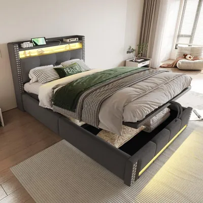 Produktbild von Kinderbett 90x200cm Polsterbett aus Leinenstoff in Grau mit LED-Beleuchtung, USB-Steckdose, Kopfteil mit Ablagefächern und hydraulischem Stauraum