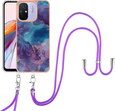 Image de Etui avec sangle pour Xiaomi Redmi 12C, bumper TPU à motifs, étui de protection avec sangle ajustable Violet