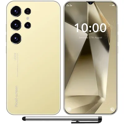 A front and back view of a gold smartphone, along with a stylus. The phone displays the time and date on its screen.