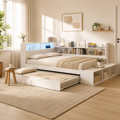 Image de Lit enfant Merax, lit multifonctionnel 120x200 cm avec lit tiroir 90x190 cm, lit simple avec éclairage LED et prise de charge, lit de jour en bois avec banc intégré, blanc