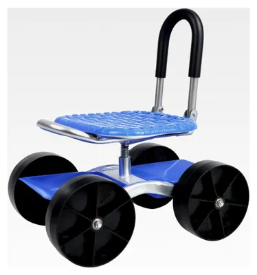 Produktbild von Rollbarer Gartenwagen-Arbeitssitz mit höhenverstellbarem 360-Grad-Drehsitz, Lenkgriff und Werkzeugablage, ergonomisches Kissen (Blau S)