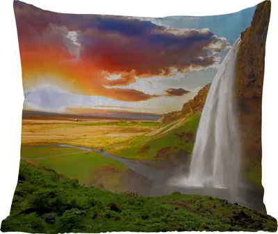 Produktbild von MuchoWow® Outdoor Kissen - Wasserfall - Felsen - Sonnenuntergang - Berge - Orange - 45x45 cm - Wetterfest - Lounge Kissen - Fotokissen - Dekoratives Kissen