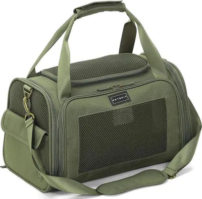 Productafbeelding van Unyqoos® Transporttas voor katten en kleine honden – opvouwbare draagtas M, 44,5 x 26 x 26 cm, geschikt tot 6 kg, gemaakt van Oxford-stof en 3D-gaas, met schouderband, in olijfgroen