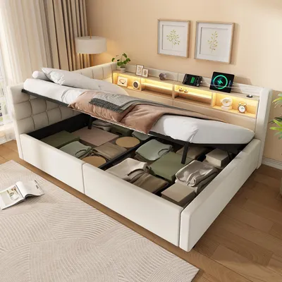 Produktbild von Flieks Schlafsofa 140x200cm mit Usb und Led, Polsterbett Jugendbett mit Ablagen und Hydraulikstauraum, Tagesbett Daybed Leinen, Beige