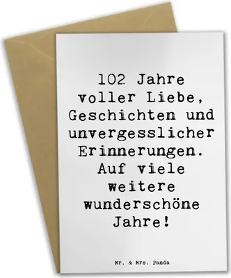 Produktbild von Mr. & Mrs. Panda Grußkarte Spruch 102. Geburtstag - Weiß - Geschenk, besondere Person, Happy Birthday, dankeskarten, Meilenstein feiern, handgefertigte Geschenke, Jubilar