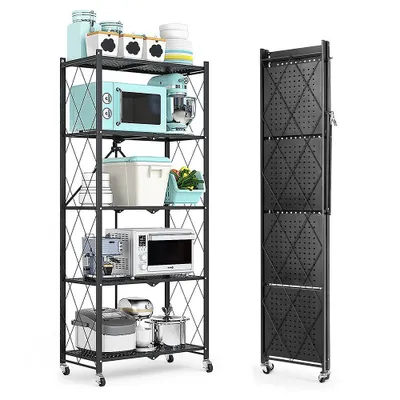 A black metal folding shelf unit with kitchen appliances and containers on it, shown next to a folded version of the shelf unit.