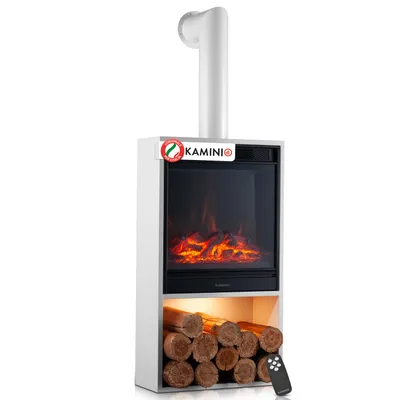 Immagine prodotto di KAMINIO Camino elettrico HUGO con tubo di scarico - Camino elettrico con riscaldamento, effetto fiamma 3D, luce d'atmosfera a LED, vano legna, telecomando - Bianco
