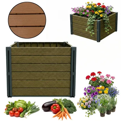 Zdjęcie produktu dla Rabata ogrodowa grządka podwyższona imitacja drewna brązowa 62x62x46 cm na taras, ogród, do kwiatów, roślin, owoców, warzyw