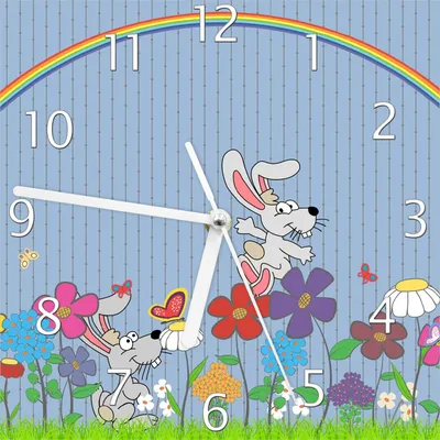 Produktbild von Wallario Design Wanduhr Süße Hasen unter einem Regenbogen aus Echtglas, Größe 20 x 20 cm