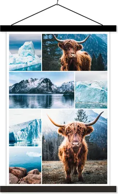 Produktbild von MuchoWow® Textilposter Schottisches Hochlandrind - Collage - Berg - Eiscreme 60x90 cm mit schwarzem Rahmen - Poster Wohnzimmer
