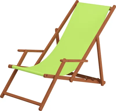 A single green deckchair made of wood, shown against a white background.