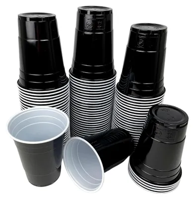 Produktbild von 100 schwarze Plastikbecher für Partys (16oz. - ca. 473ml) - 100 stabile und wiederverwendbare Becher für Feiern