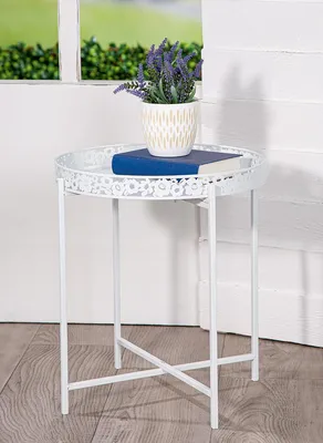 Imagen del producto de Mesa auxiliar redonda, "Blütentraum", con motivos florales, de metal, color blanco, lote de 2 unidades, altura 44,5 cm, diámetro 38 cm. Código: 58525 4063387585252