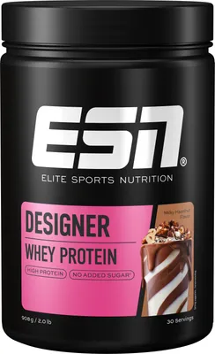 Produktbild von ESN Designer Whey Protein, Puder, Molkenproteinkonzentrat, Molkenprotein isoliert, Haselnuss, Milch, L-Alanin, L-Arginin, L-Asparaginsäure, L-Cystein, L-Glutaminsäure, L-Glycin, L-Histidin,..., Whey Protein Blend 94% (Ultra-Filtered Whey Protein Concentrate, Cross-Flow Micro-Filtered Whey..., 22 g