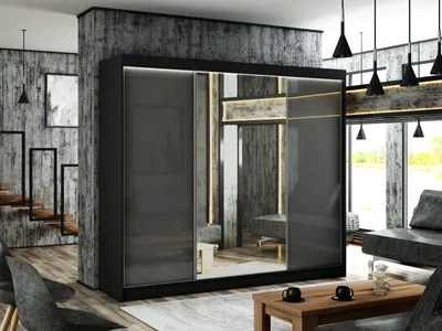 Produktbild von Kleiderschrank Venus 250 cm inklusive 3 Schiebetüren mit Spiegel Lieferung bis in die Wohnung Kleiderstange Garderobe Schrank (Farbe: schwarz, lacobel grau)