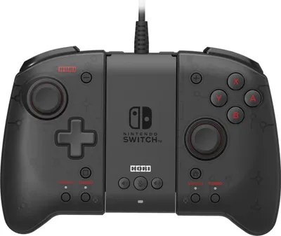A black Nintendo Switch controller is shown against a white background.