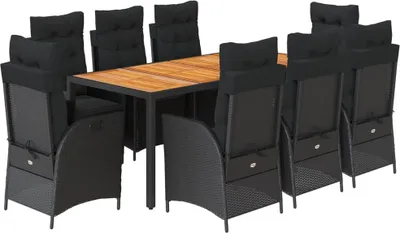 Obrázok produktu pre vidaXL 9-dielny záhradný jedálenský set s vankúšmi Black Poly Rattan