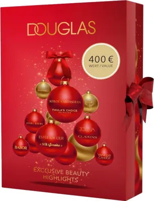 A red box with gold Christmas ornaments, some of which display brand names, arranged in a festive display. The box has the Douglas logo and text indicating value and highlights.