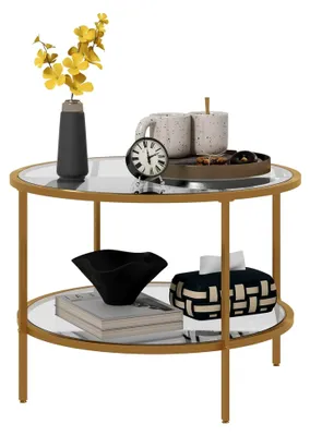 Produktbild von Runder Beistelltisch mit Ablage, Stahlrahmen, Kaffeetisch, Nachttisch für Wohnzimmer und Schlafzimmer, Gold, Ø60 x 43 cm