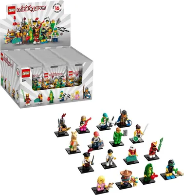A display box of LEGO Minifigures Series 20 and a collection of individual minifigures arranged below.