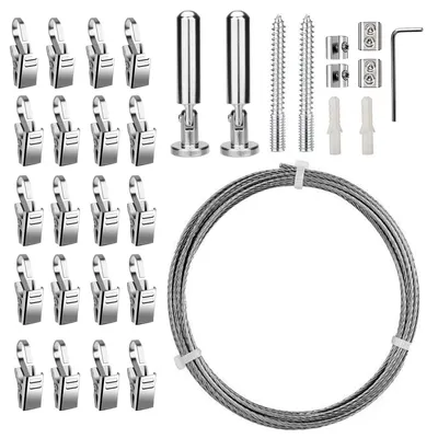 Gardinenkabel-Set 5 m mit 20 Clips, Edelstahl, silber