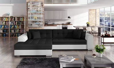 Produktbild von Krudox SORE Ecksofa L-Form 296x78x194 cm - Schwarz mit Weiss Kunstleder Schlafsofa mit Bettkasten - Schlaffunktion 128x262 cm - Links - Stoff: Sawana 14/Soft 17