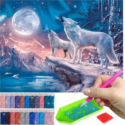 A collage showing a diamond painting kit with a wolf theme and the diamond painting process.